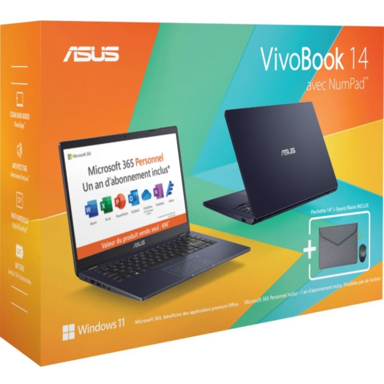 Ordinateur portable ASUS Vivobook Pack E410MA housse + souris