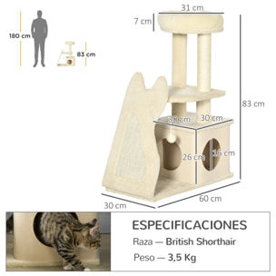 Árbol Rascador para Gatos Altura 83 cm con Cama Cueva Plataforma Bola Colgante