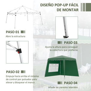 Carpa Plegable con 2 Paredes Laterales 2,89x2,89 m Cenador Pabellón de Jardín con Altura Ajustable y Bolsa de Transporte Protección UV50+ para Exterior Patio Verde