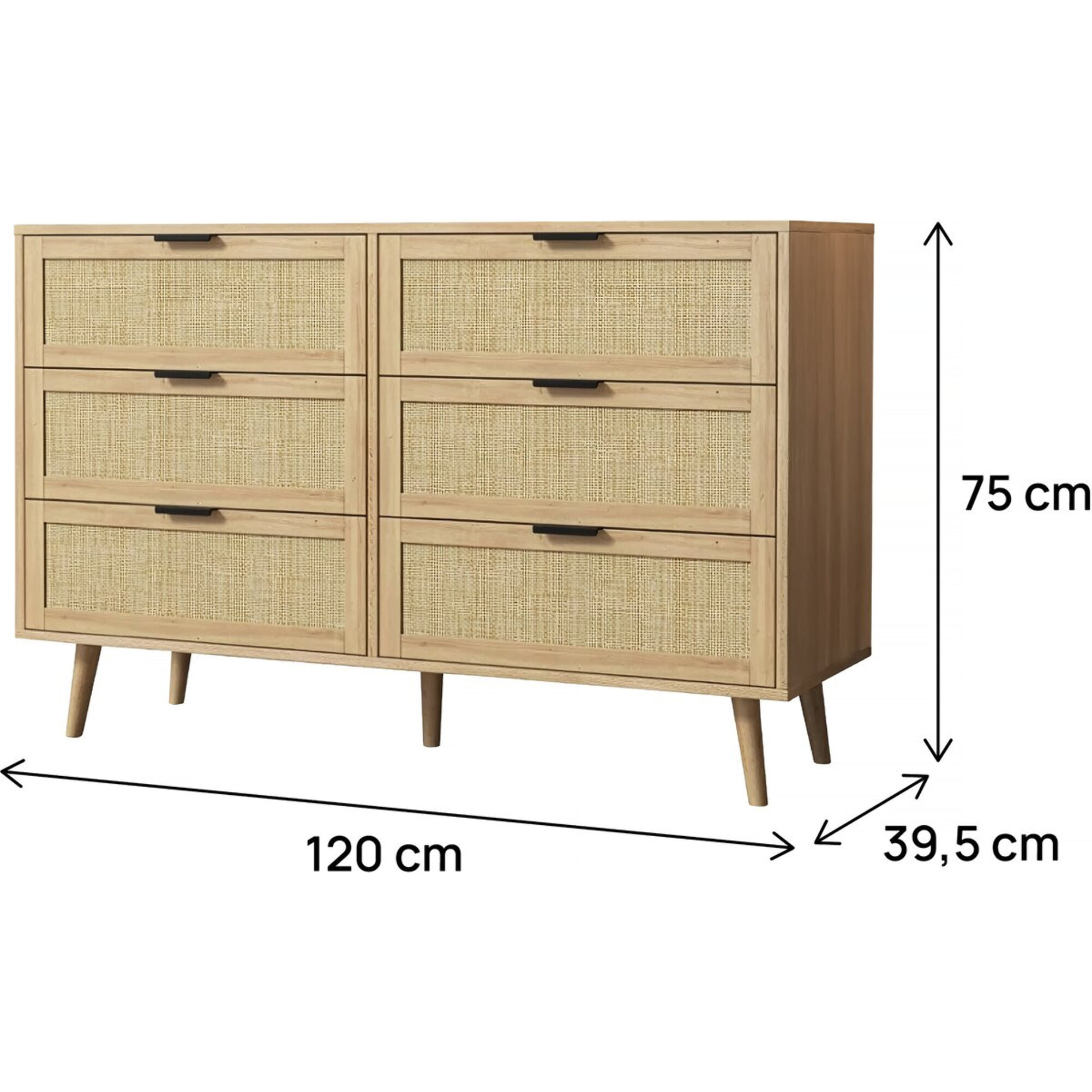 Commode en bois et cannage "Preston" - 120 x 40 x 75 cm - Beige