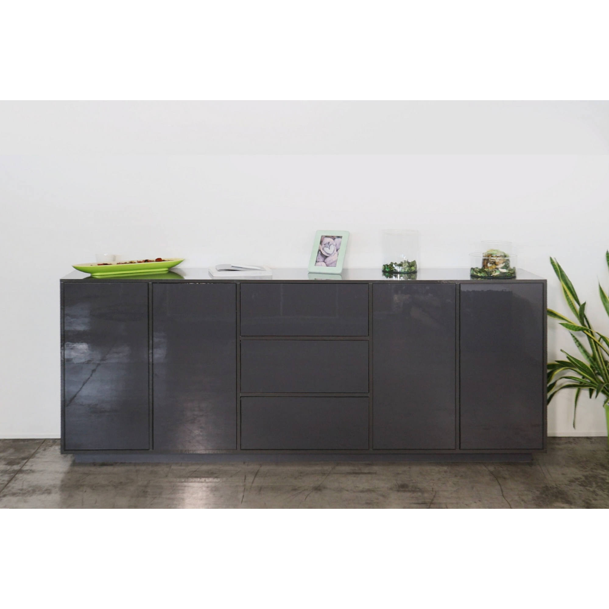 Credenza Jack, Madia da cucina a 4 ante e 3 cassetti, Buffet da soggiorno, 100% Made in Italy, cm 220x41h86, Antracite lucido