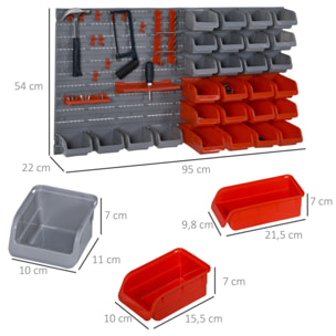 DURHAND Estante de Pared Organizador para Herramientas Estanterías de Almacenaje con 28 Cajas Apilables y Diferentes Ganchos 54x22x95 cm Gris y Rojo