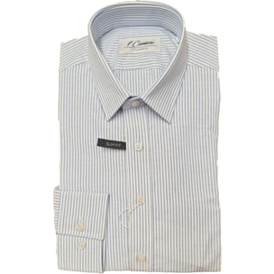 Camicia Uomo 1 Bottone Italiano Slim Oxford Riga Media Blu\Bianco