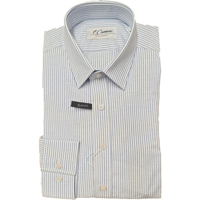 Camicia Uomo 1 Bottone Italiano Slim Oxford Riga Media Blu\Bianco