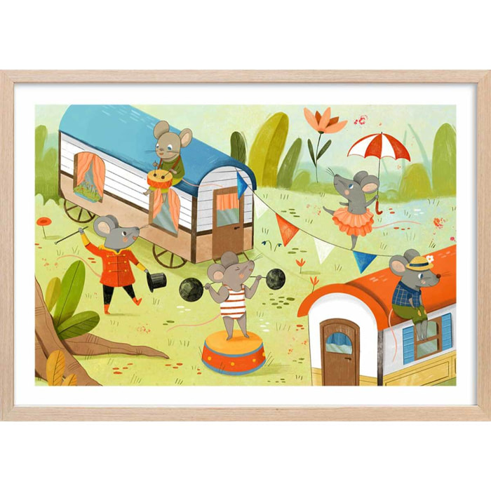 Affiche enfant roulottes de cirque  Affiche + cadre en bois - Chêne