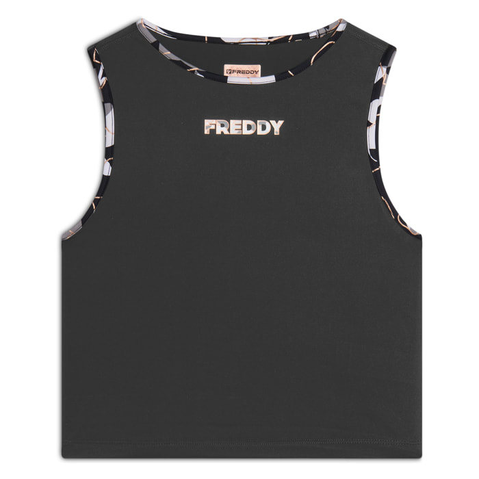 Top sportivo in tessuto tecnico con logo bronzo