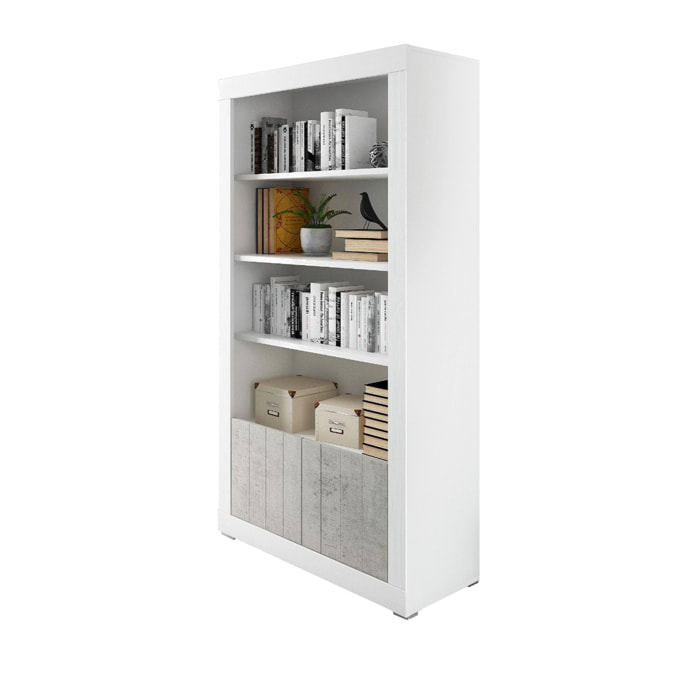 Libreria alta con 4 ripiani e 2 ante, Scaffale per libri e documenti, Libreria portaoggetti da ufficio, cm 105x42h191, colore Bianco e Cemento