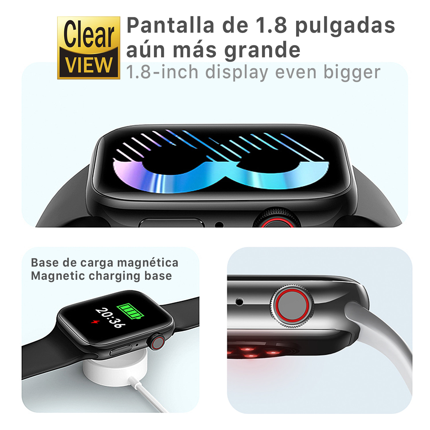 Smartwatch T900 Pro 8 con pantalla de 1,8 HR, monitor cardiaco y de O2 en sangre. Varios modos deportivos, notificaciones de apps.