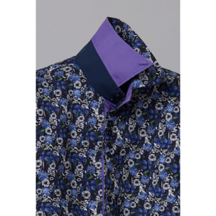 Camicia Uomo Manica Corta 2 Bottoni Button Down 7 Botto Popeline Stampato Blu\Bianco