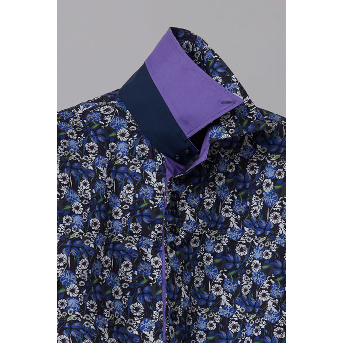 Camicia Uomo Manica Corta 2 Bottoni Button Down 7 Botto Popeline Stampato Blu\Bianco