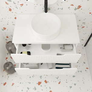 Meuble de Salle de Bains LEON 80cm Blanc Neige - 2 Tiroirs en MDF Ondules - Vasque Ronde 36cm