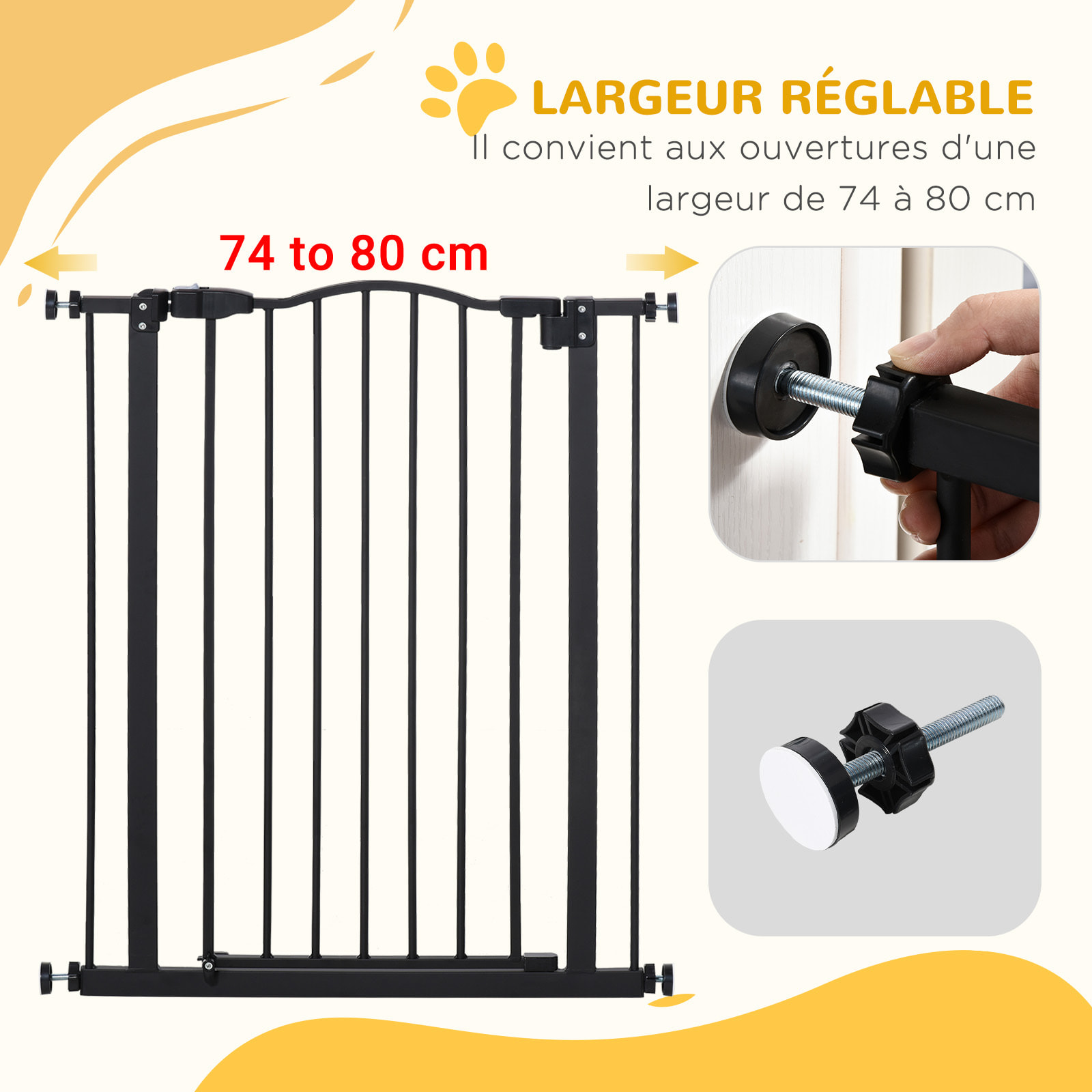 Barrière de sécurité pour chien extensible 74-80 cm -H. 94 cm - sans perçage, double verrouillage - métal noir