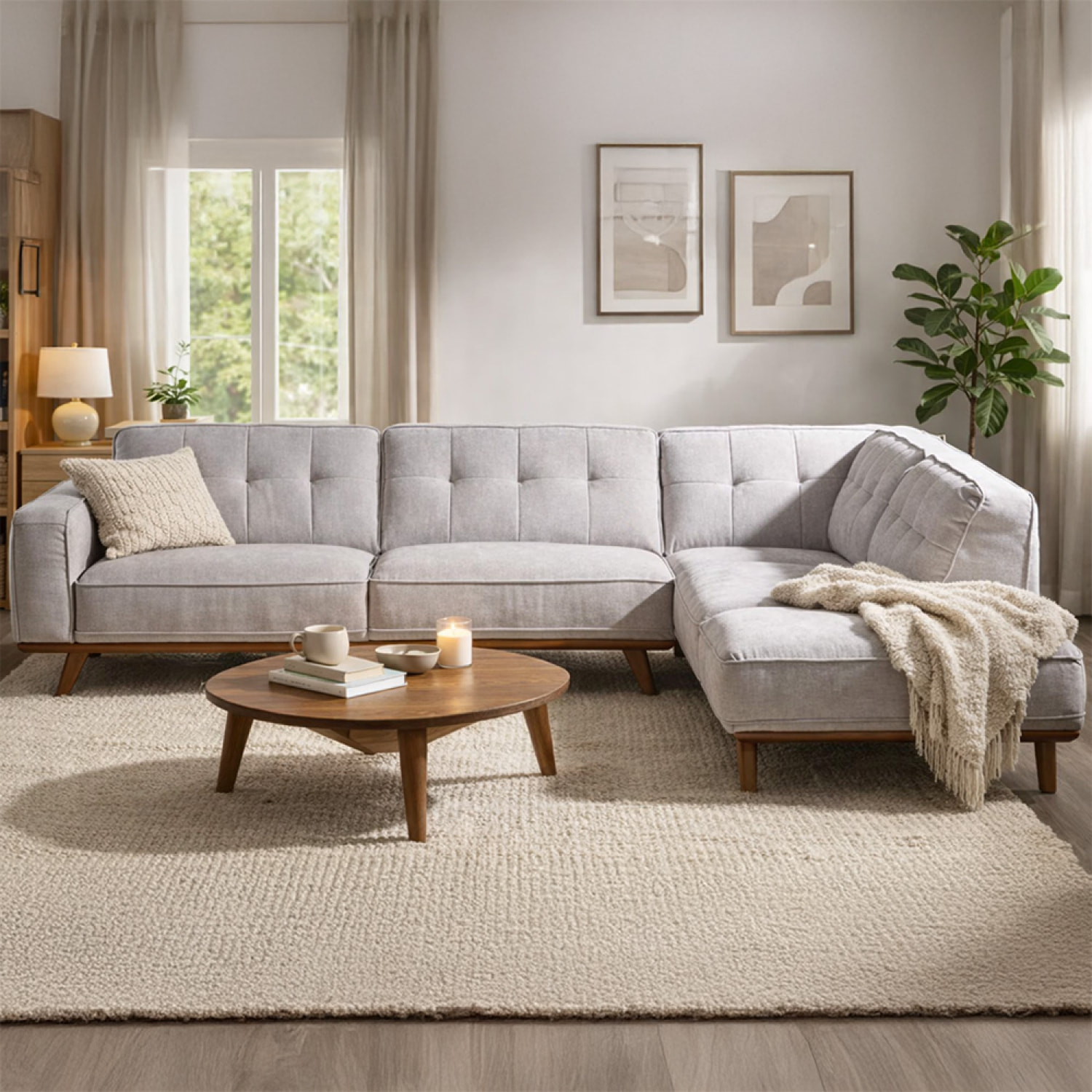 KINSALE Canapé angle design en tissu gris 5/6 places