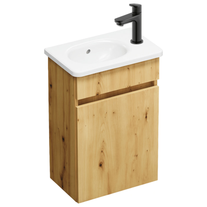 Pack meuble suspendu lave-mains Joline chêne + Robinet lave-mains eau froide Duravit Wave noir mat