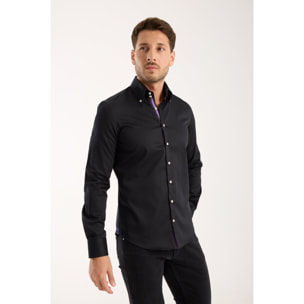 Camicia Uomo 2 Bottoni Button Down Slim Satin Unito Nero
