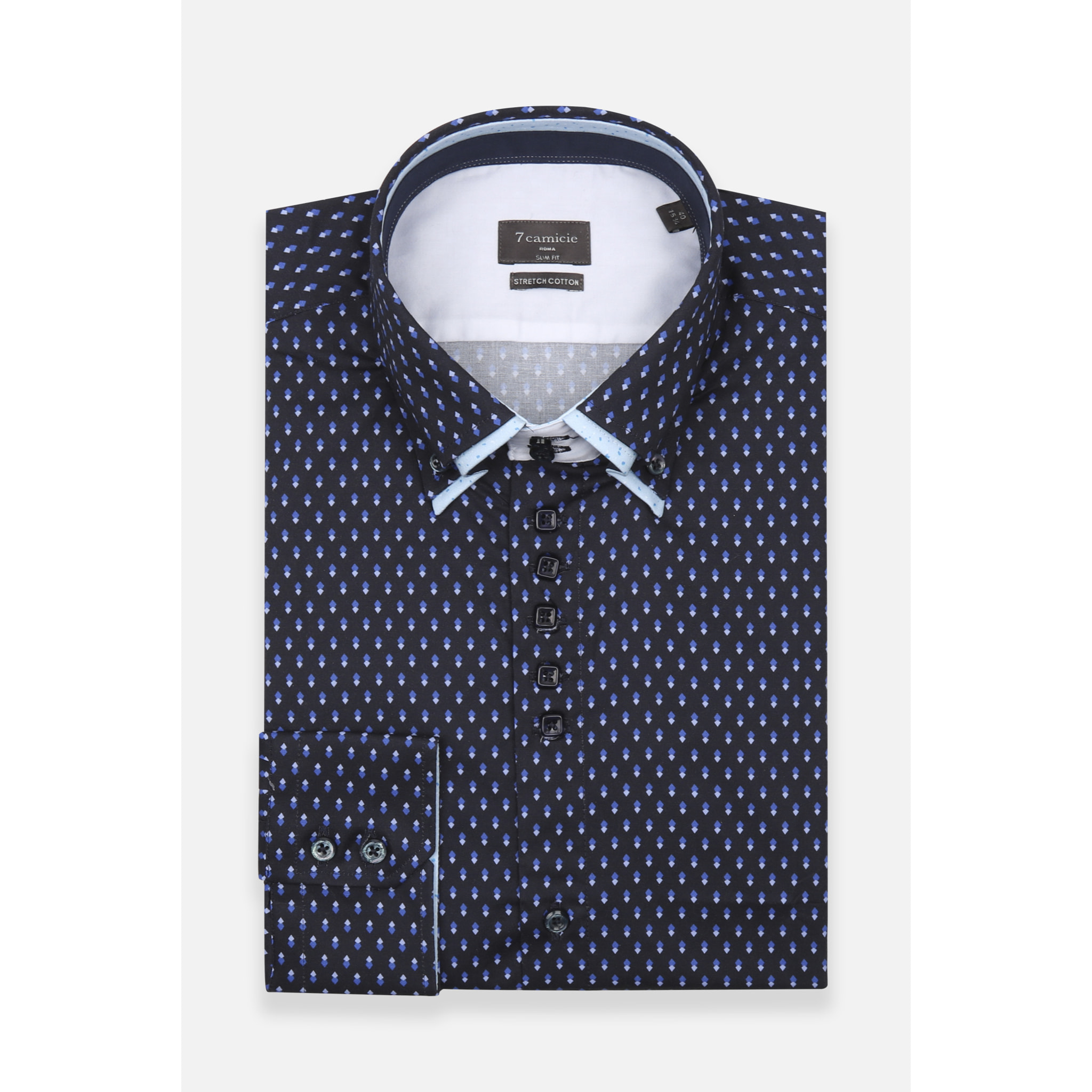 Camicia Uomo 2 Bottoni Button Down 7bottoni Doppio Coll Popeline Stretch Stampato Blu/Turchese