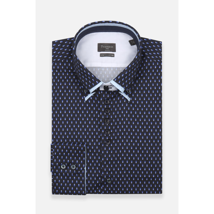 Camicia Uomo 2 Bottoni Button Down 7bottoni Doppio Coll Popeline Stretch Stampato Blu/Turchese