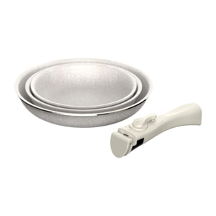 Juego de 3 sartenes Ø18Ø20Ø24cm aluminio prensado,recubrimiento ILAG antiadherente,mango extraíble,apto inducción,sin PFOA,apto lavavajillas y horno