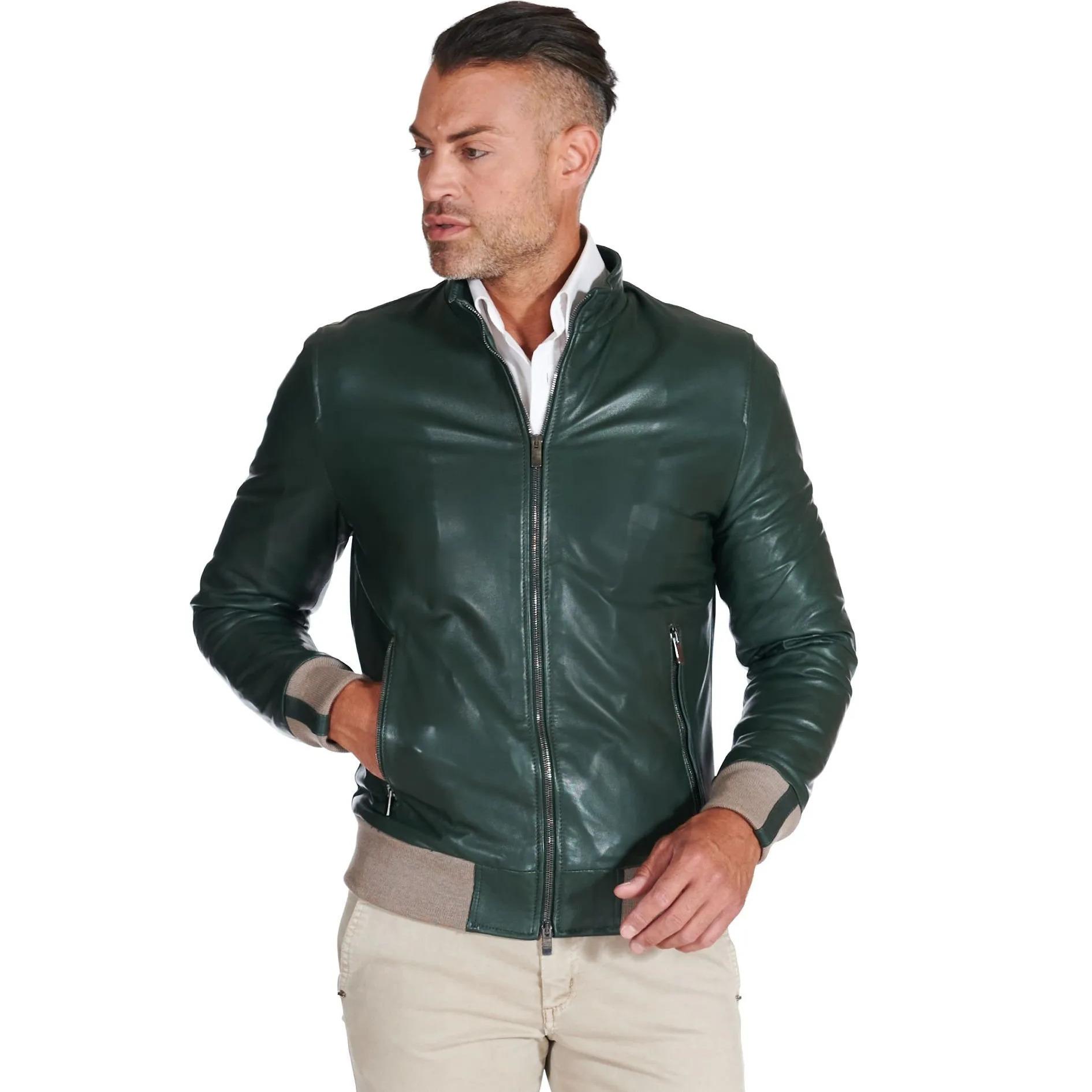 Giubbotto bomber in pelle naturale verde lana a contrasto beige