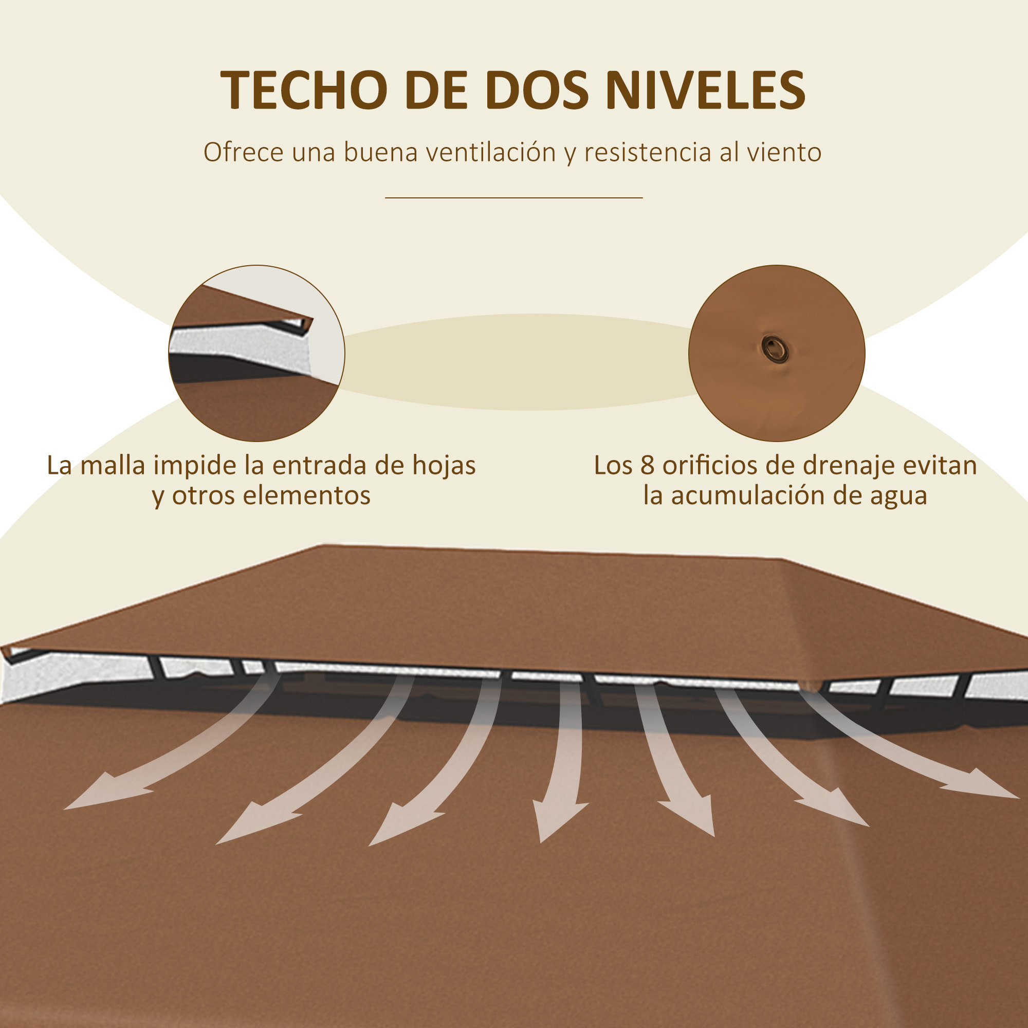 Techo de Repuesto para Cenador con Doble Techo 4x3 m Cubierta de Repuesto para Pabellón Gazebo Exterior con 8 Orificios de Drenaje Café