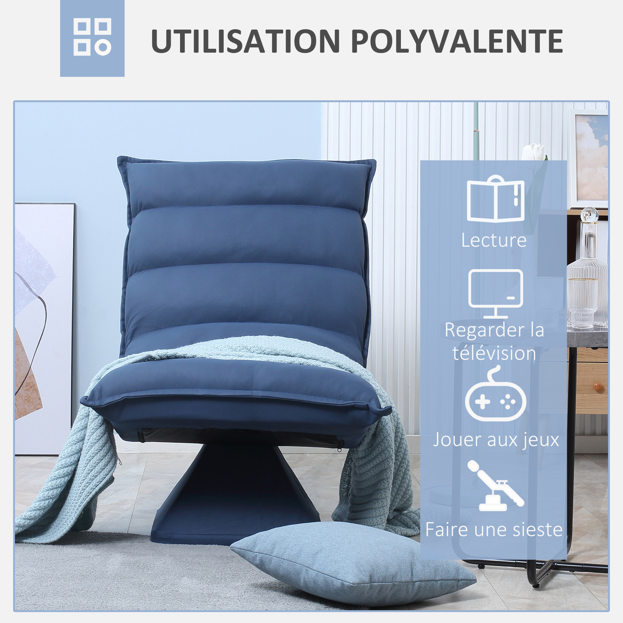 Fauteuil relax grand confort pivotant inclinaison réglable 5 niv. épais garnissage mousse haute densité tissu velours microfibre bleu