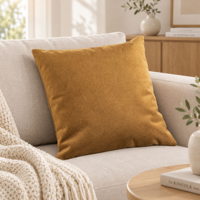Coussin velours  - Effet peau de pêche - Jaune moutarde