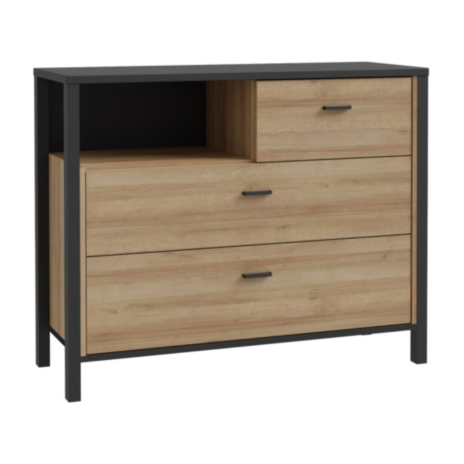Commode bois effet chêne et noir 3 tiroirs - MIAMI