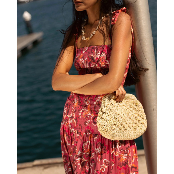 Vestido midi estampado con cuerpo fruncido y tirantes ajustables