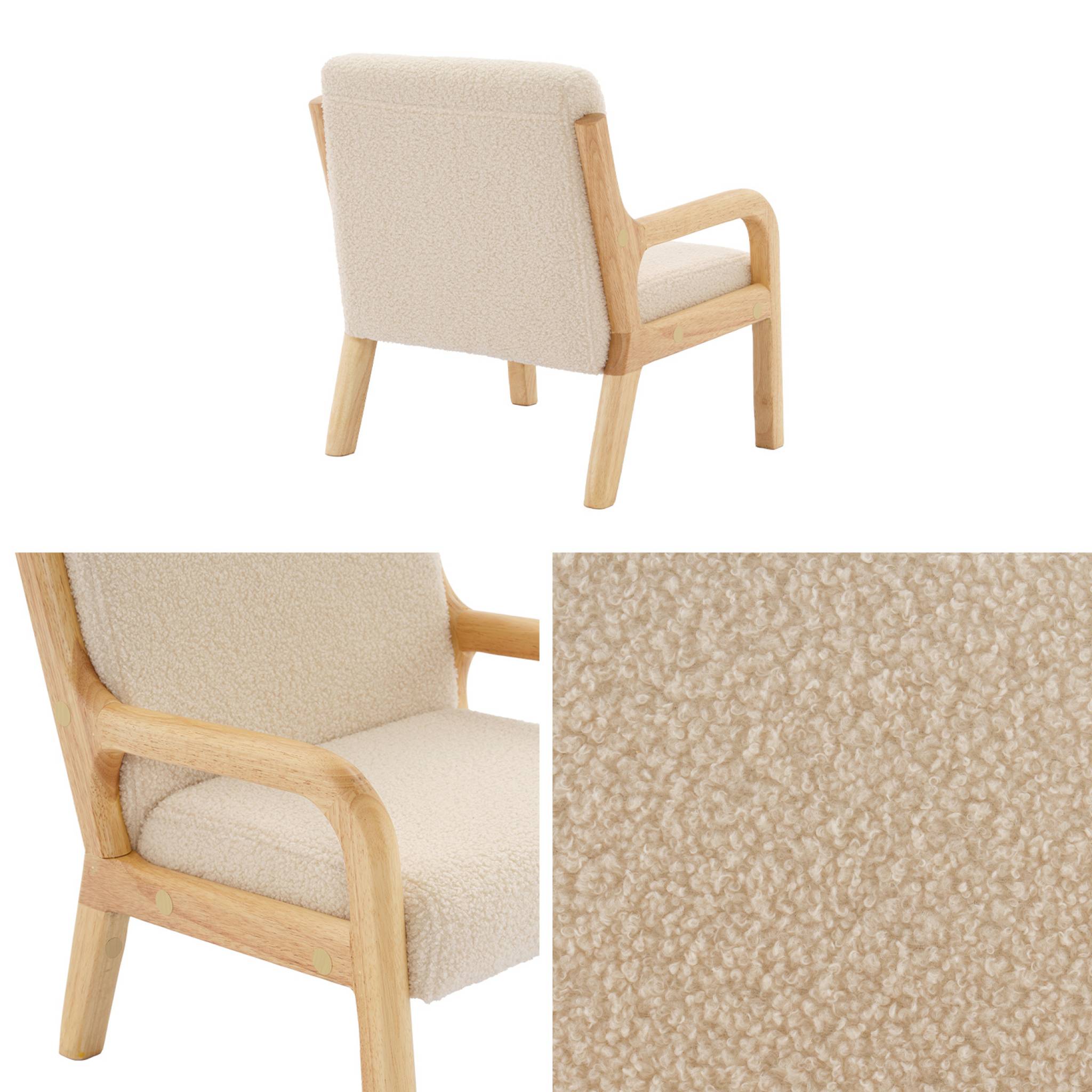 Fauteuil scandinave enfant en bois et tissu bouclette beige