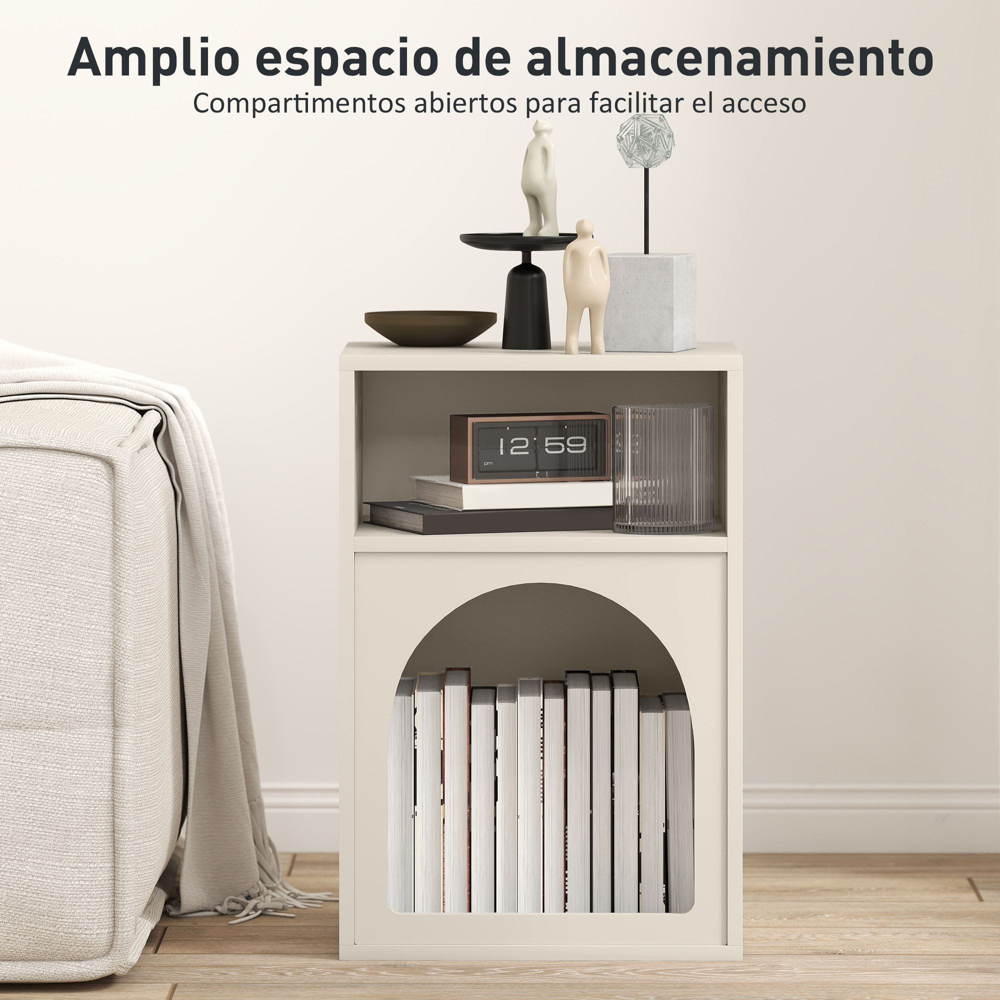 Mesita de Noche Moderna Mesilla de Noche Estrecha con 2 Compartimentos Abiertos Diseño en Forma de Arco Mesa Auxiliar para Salón Dormitorio 40x30x60 cm Crema