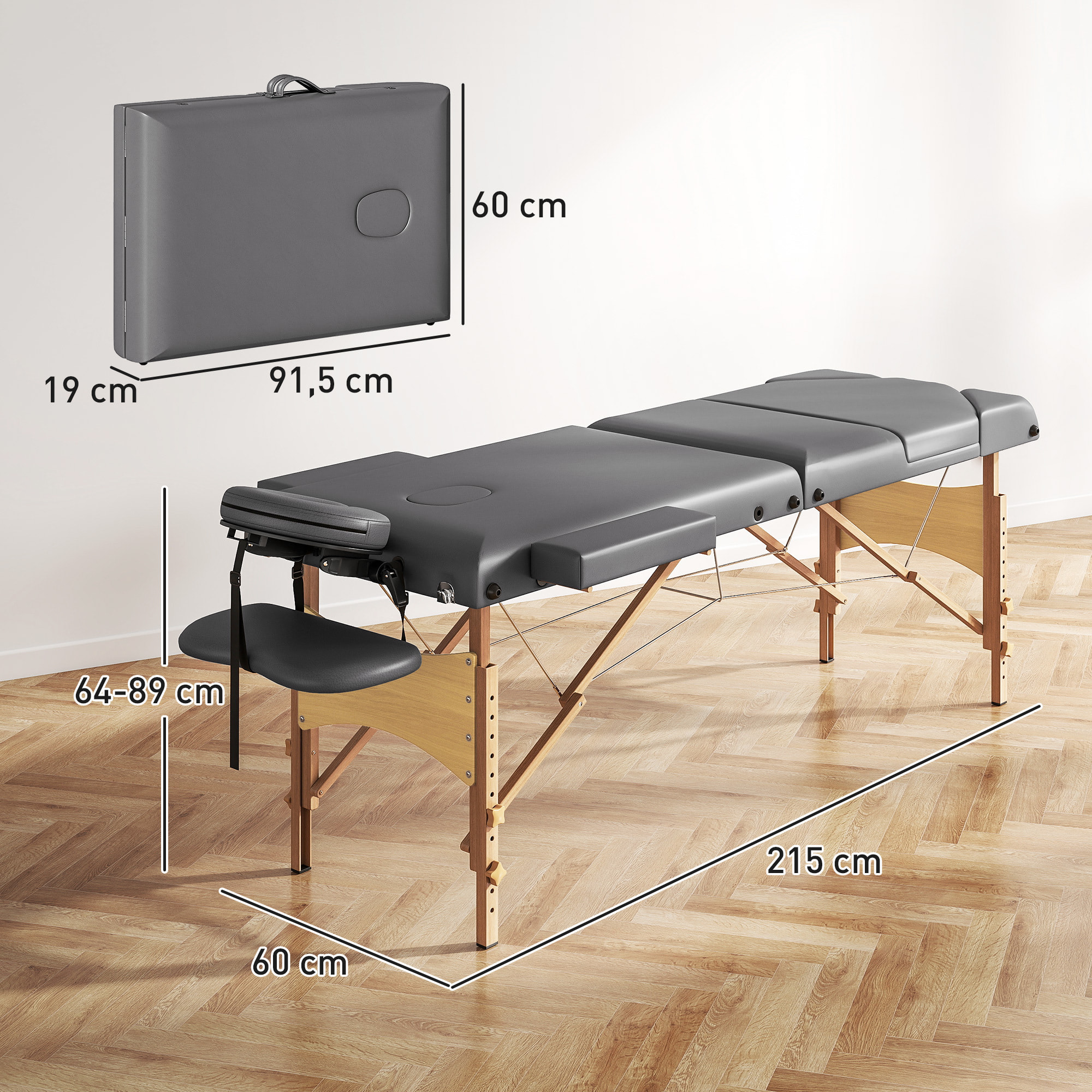 Camilla Masaje Plegable Portátil Camilla Estética Profesional de Madera de 3 Zonas con Altura, Respaldo, Soporte para Piernas, Reposacabezas Ajustables Brazos Acolchados 215x60x64-89 cm Gris