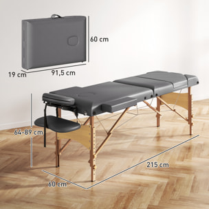 Camilla Masaje Plegable Portátil Camilla Estética Profesional de Madera de 3 Zonas con Altura, Respaldo, Soporte para Piernas, Reposacabezas Ajustables Brazos Acolchados 215x60x64-89 cm Gris