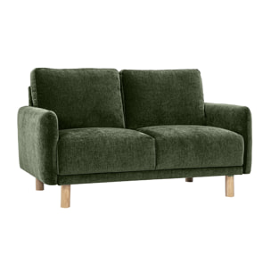 Canapé design 2 places en tissu effet velours vert kaki et bois clair BONO