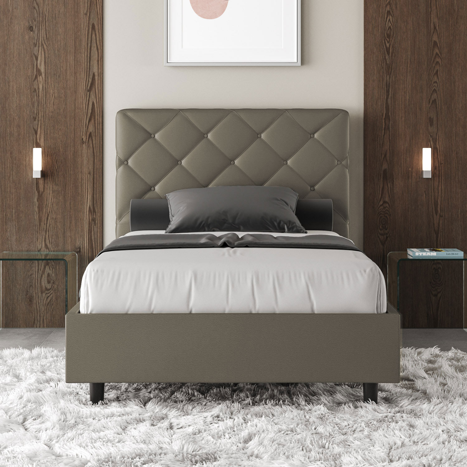 Letto una piazza e mezza contenitore imbottito 120x190 similpelle cappuccino Priya