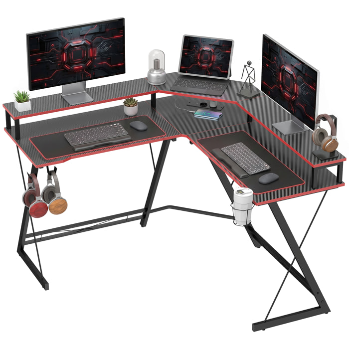 Escritorio Esquinero con Enchufes, Mesa Escritorio en Forma de L, 128x128 cm, con Soporte para Monitor, Gancho para Auriculares y Portavasos, Mesa de Ordenador para Oficina, Casa, Negro