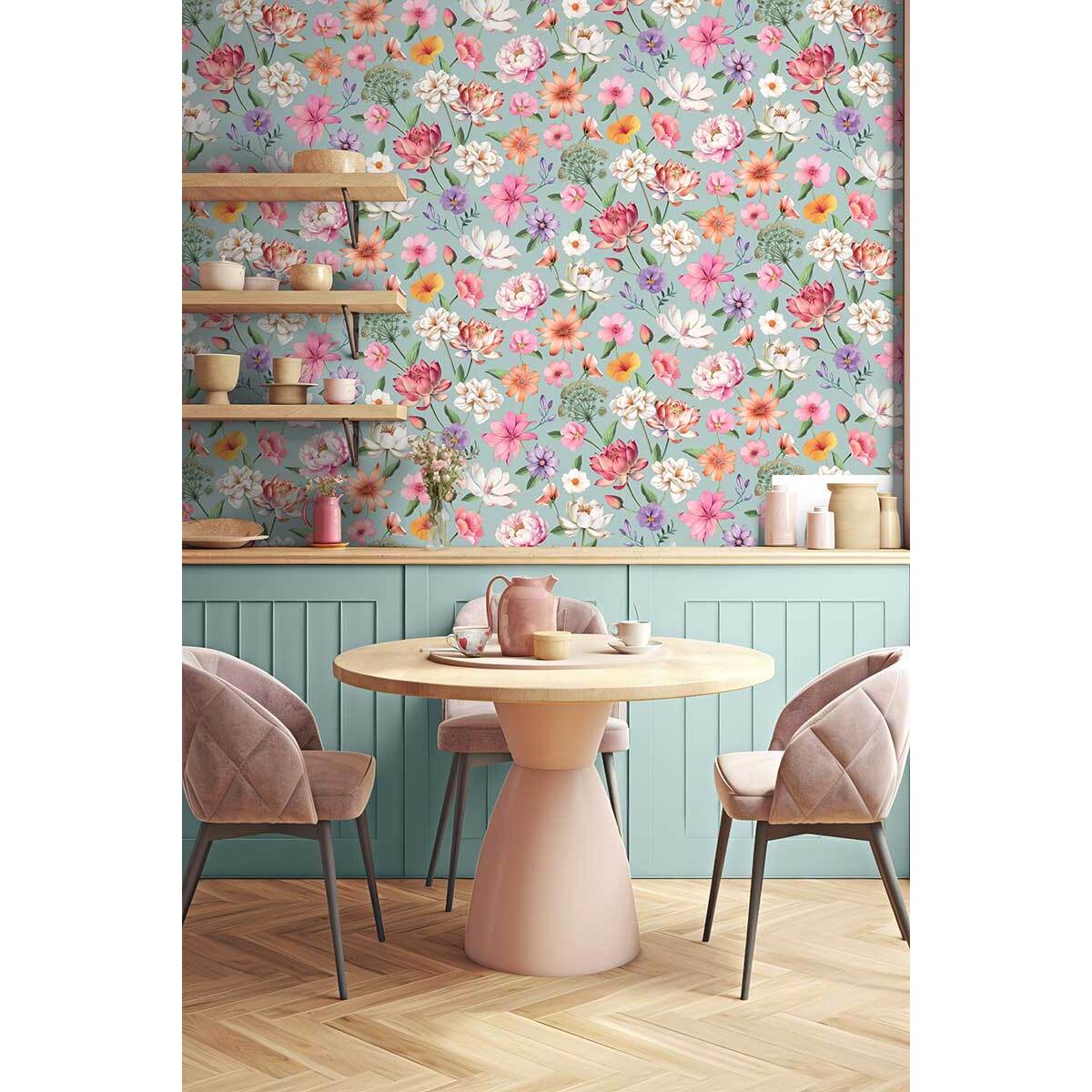 Papier peint floral botanique fond rose poudré