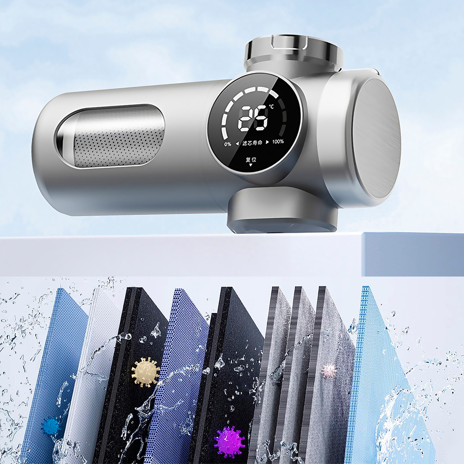 Purificador de agua 718 para grifo con pantalla inteligente, filtro antical y de cloro, sistema de filtración multicapa, doble salida y tecnología UV antibacteriana.