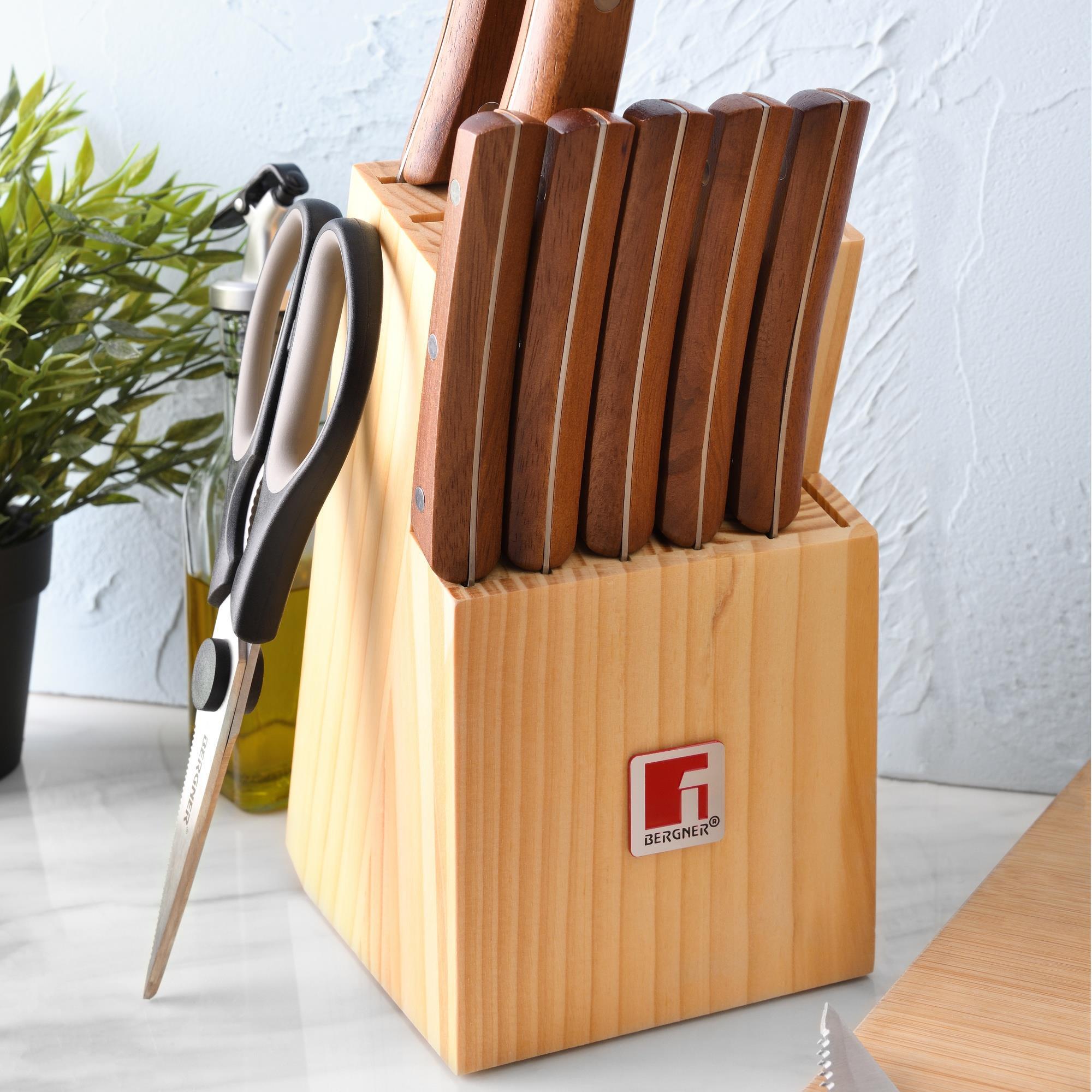 Juego de 11 Cuhillos + Tijeras en acero inoxidable + Tacoma de madera Nature Bergner