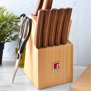Juego de 11 Cuhillos + Tijeras en acero inoxidable + Tacoma de madera Nature Bergner