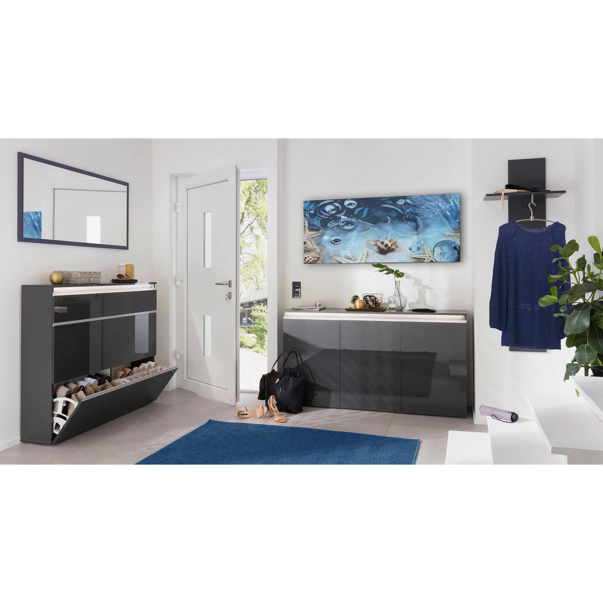 Mobile da ingresso Etesia, Entratina moderna multifunzione, Armadietto multiuso per atrio, 100% Made in Italy, cm 50x27h140, Antracite lucido
