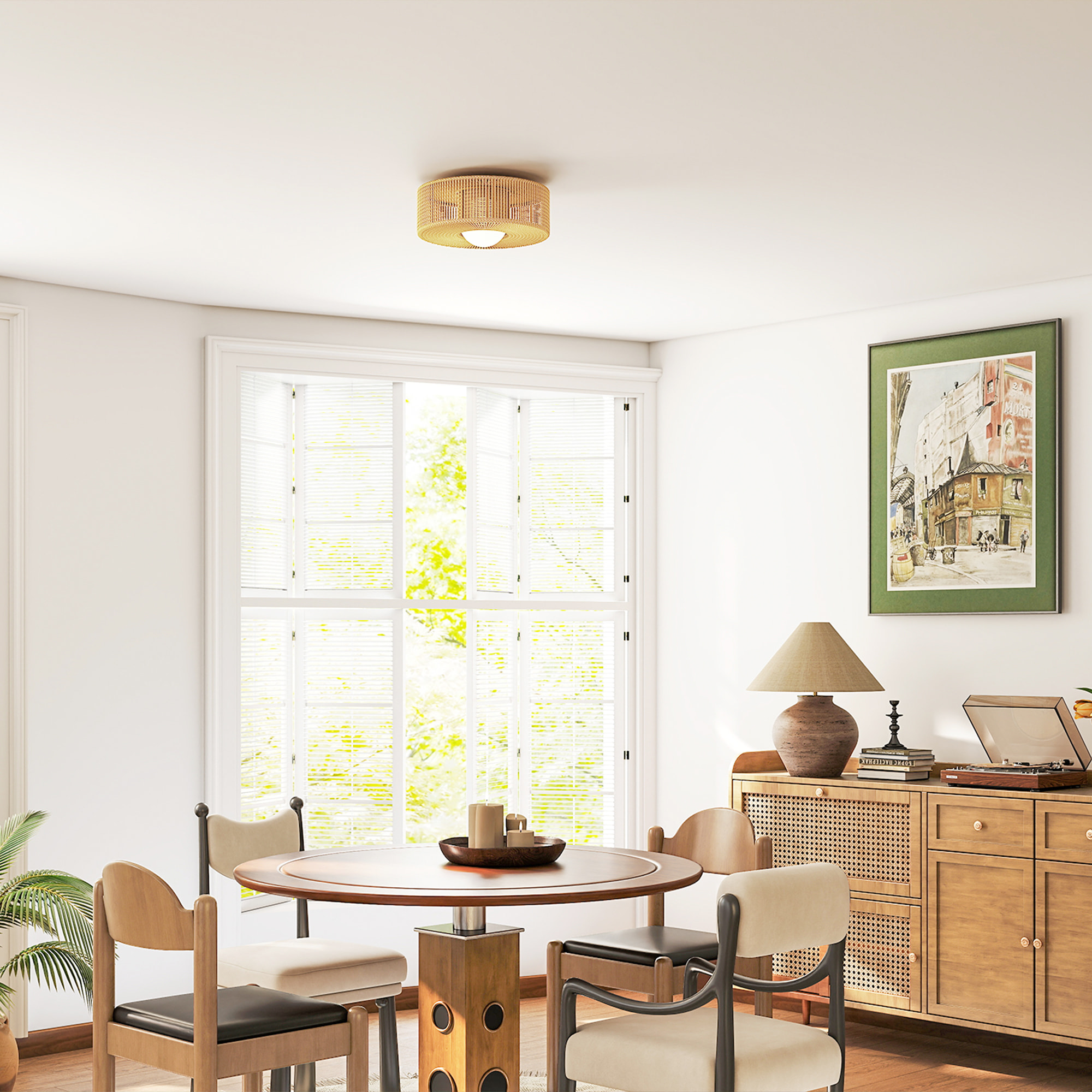 Lámpara de Techo con Bombilla LED G9, 20W, 3000 K, Plafón LED Techo Bohemio con Pantalla de Cuerda de Lino para Dormitorio, Salón, Cocina y Comedor, Marrón Claro