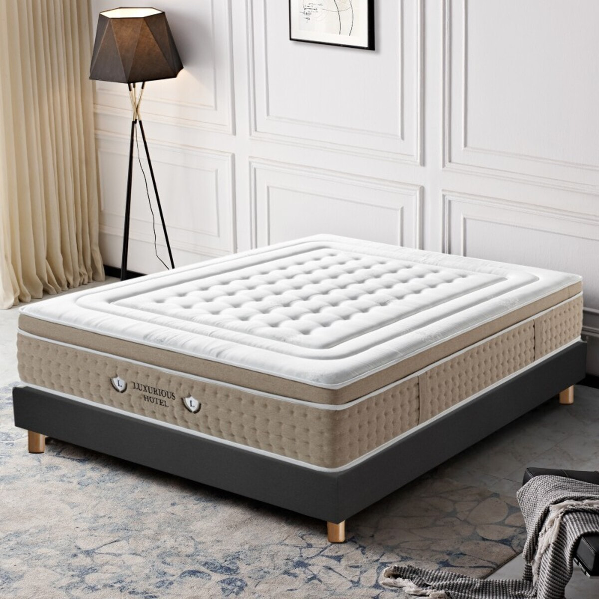 Ensemble Matelas Ibiza ressorts et mémoire de forme avec son sommier Cancun en tissu gris fonce