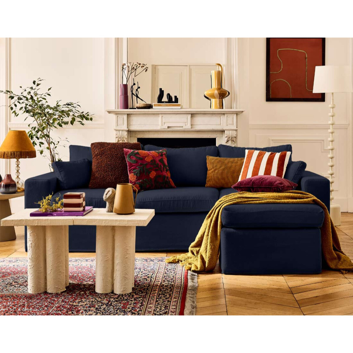 Housses en tissu pour canapé Calgary d'angle 3 places + 1 pouf - Bleu marine