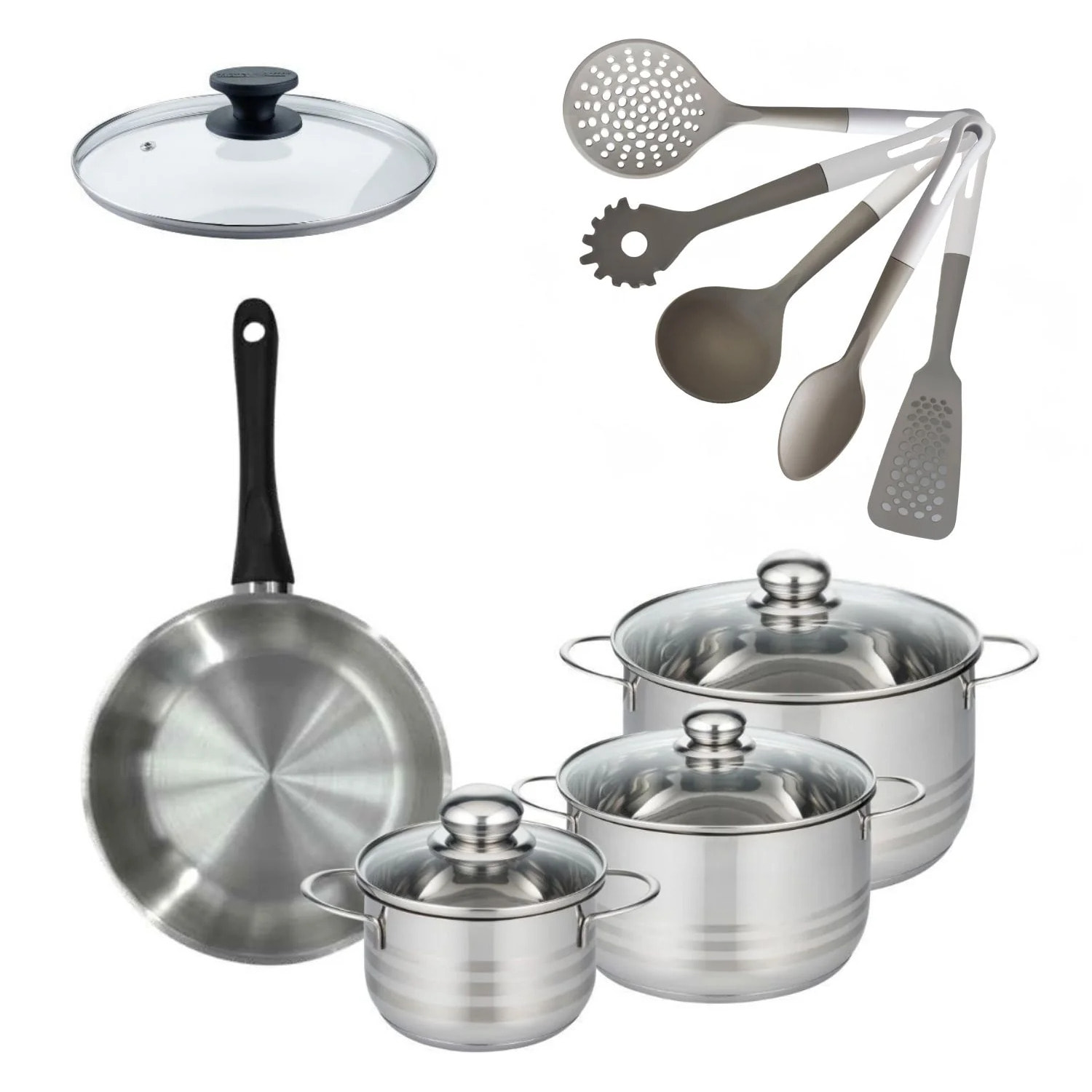 Lot Poêle avec couvercle & 3 Faitouts 16/20/24cm Fackelmann Généva avec 6 ustensiles Vario