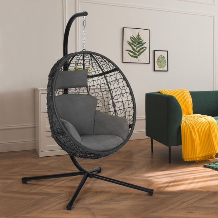 Fauteuil œuf suspendu effet rotin avec coussin gris