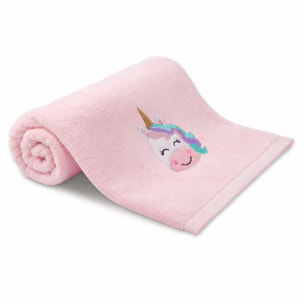 Drap de douche enfant pur coton 500 g/m² brodé rose Petite licorne rose