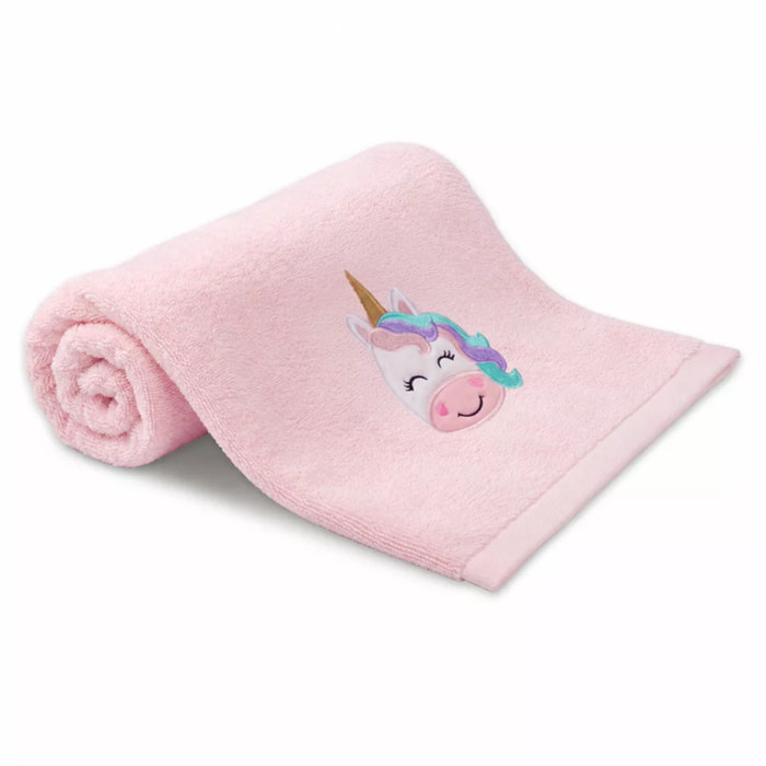 Drap de douche enfant pur coton 500 g/m² brodé rose Petite licorne rose