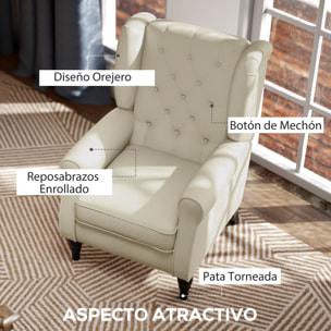 Sillón Orejero Moderno, Butaca de Salón con Reposabrazos y Patas de Madera, Sofá Individual Carga 160 kg para Oficina, Sala de Estar y Dormitorio, Crema