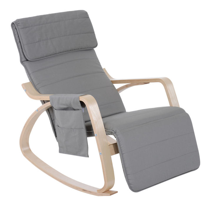 Fauteuil à bascule - fauteuil relax repose-pied réglable, poche rangement, tétière - bois tissu gris