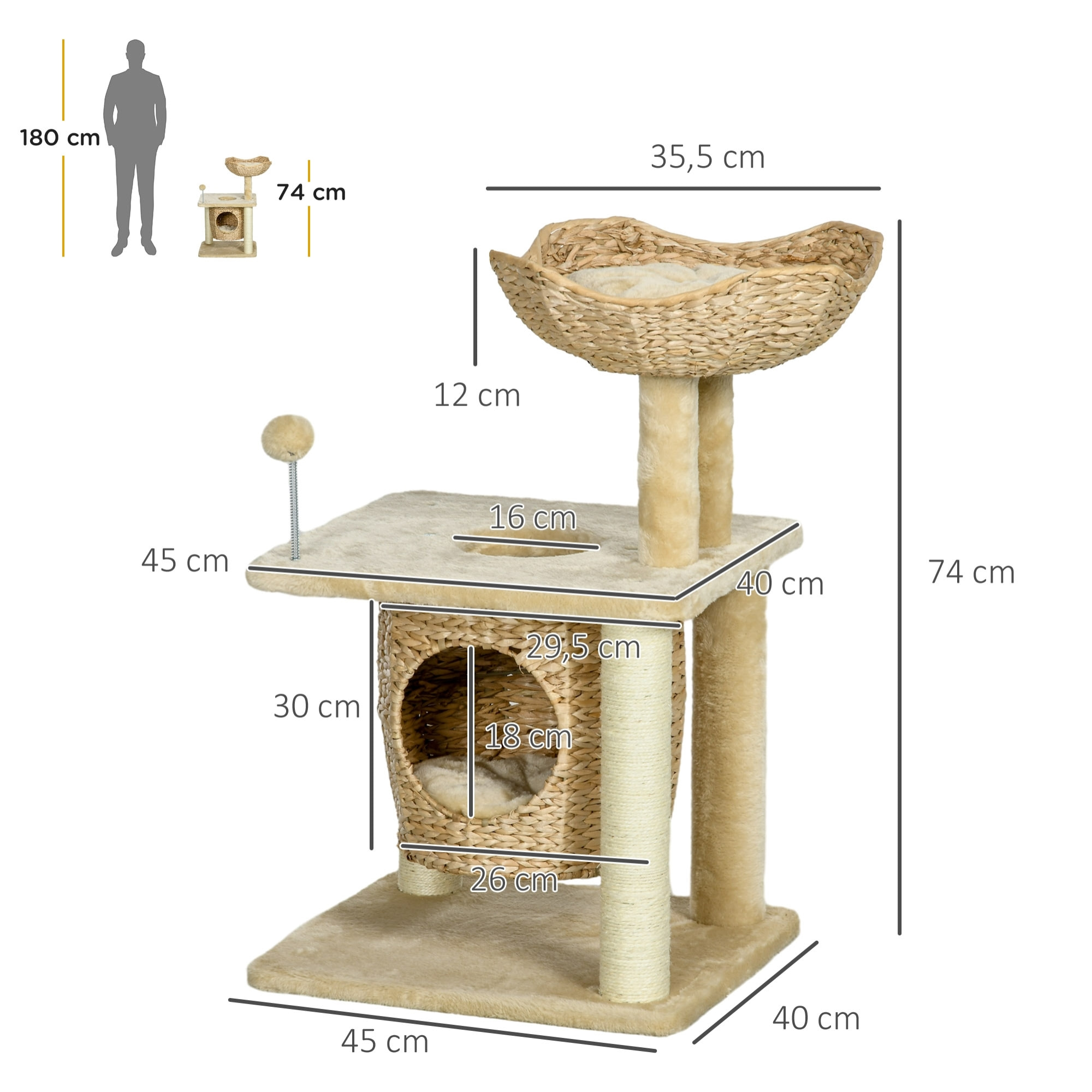 Arbre à chat style cosy chic griffoirs boule ressort niche panier 2 coussins inclus quenouille sisal naturel peluche beige